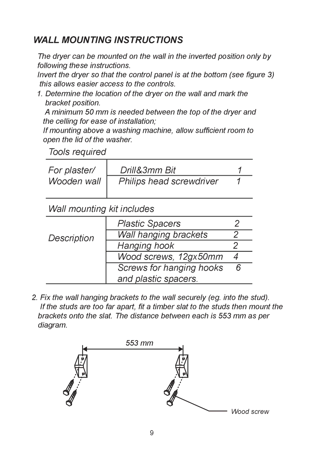 Haier HDY60M manual Wall Mounting Instructions 