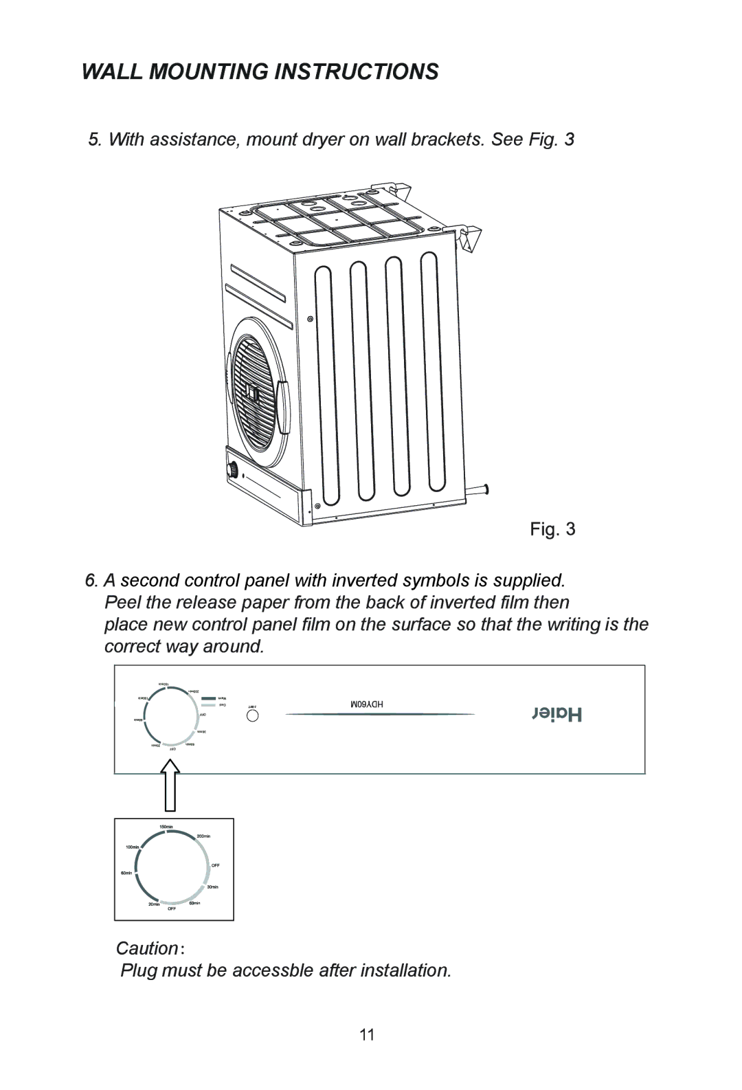 Haier HDY60M manual Wall Mounting Instructions 