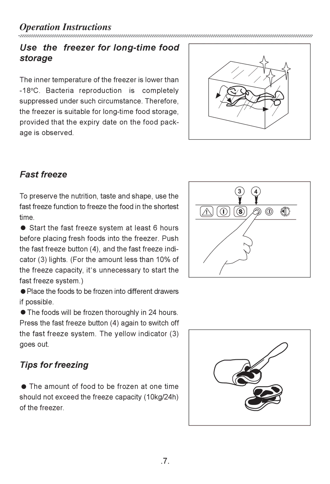 Haier HF-116R Operation Instructions, Use the freezer for long-time food storage, Fast freeze, Tips for freezing 