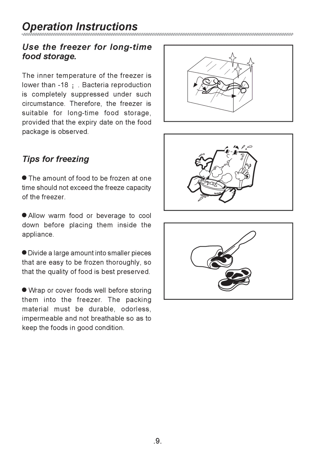 Haier HF-240T owner manual Operation Instructions, Use the freezer for long-time food storage, Tips for freezing 