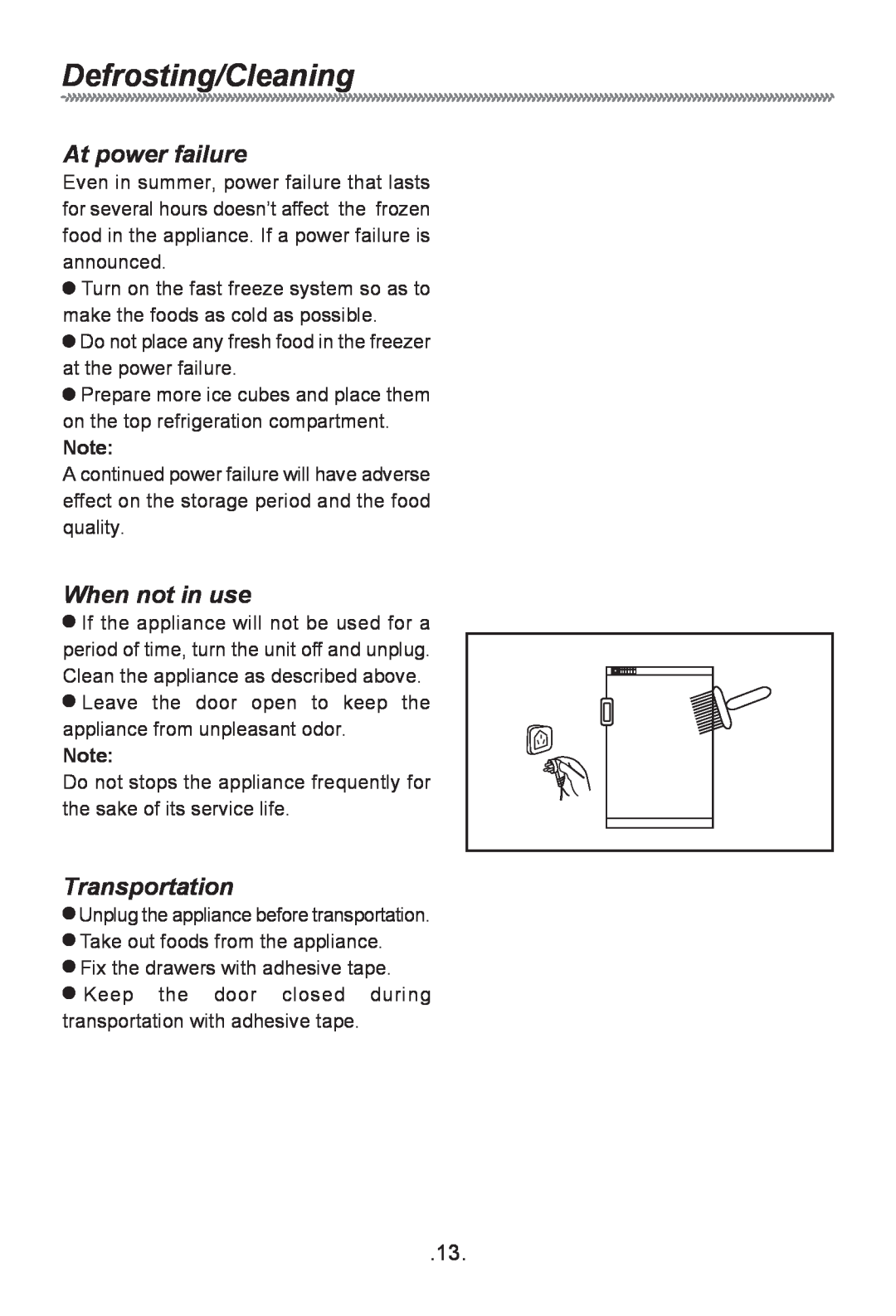 Haier HF-240T owner manual At power failure, When not in use, Transportation, Defrosting/Cleaning 