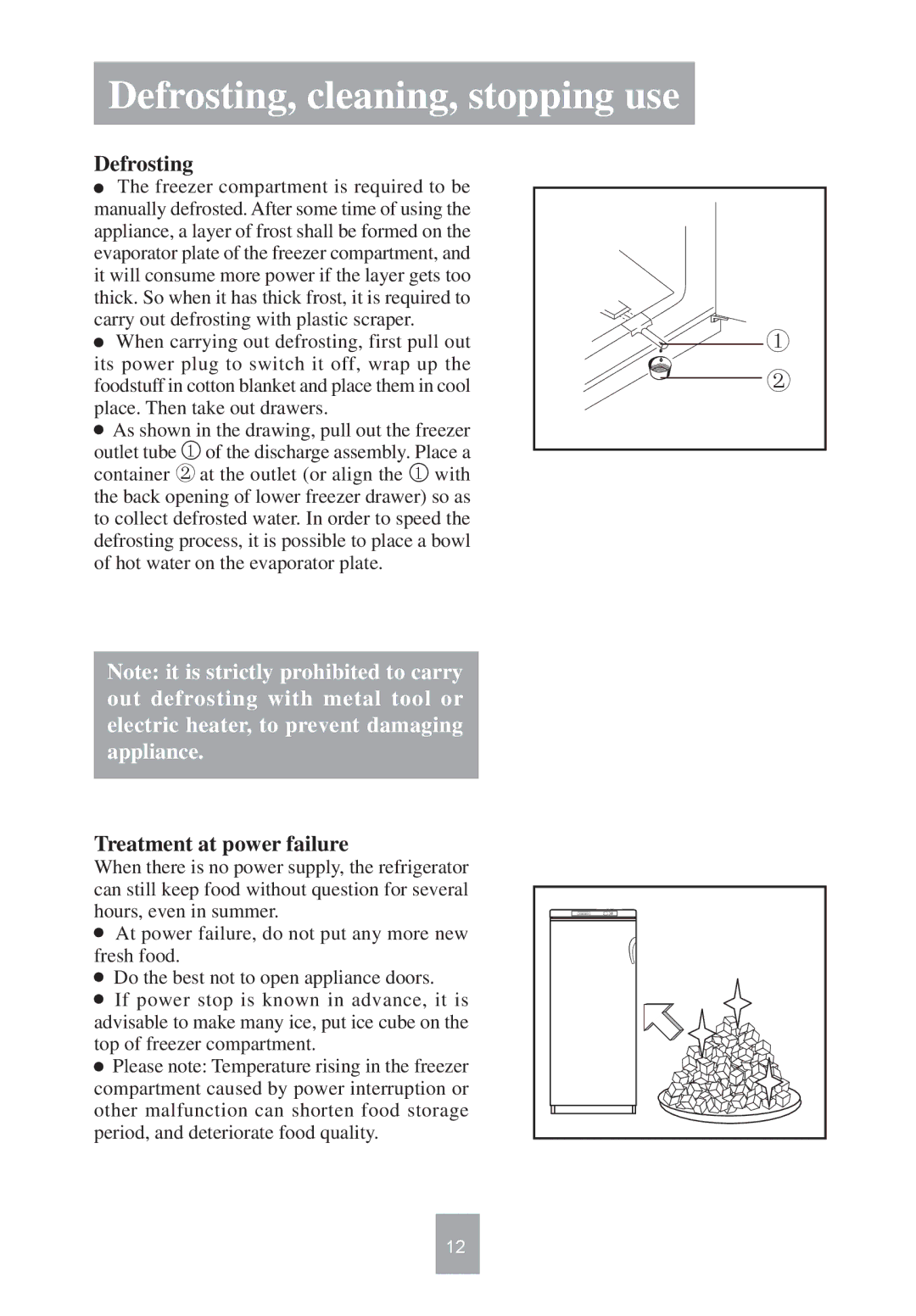 Haier HF-299 manual Defrosting, cleaning, stopping use, Treatment at power failure 