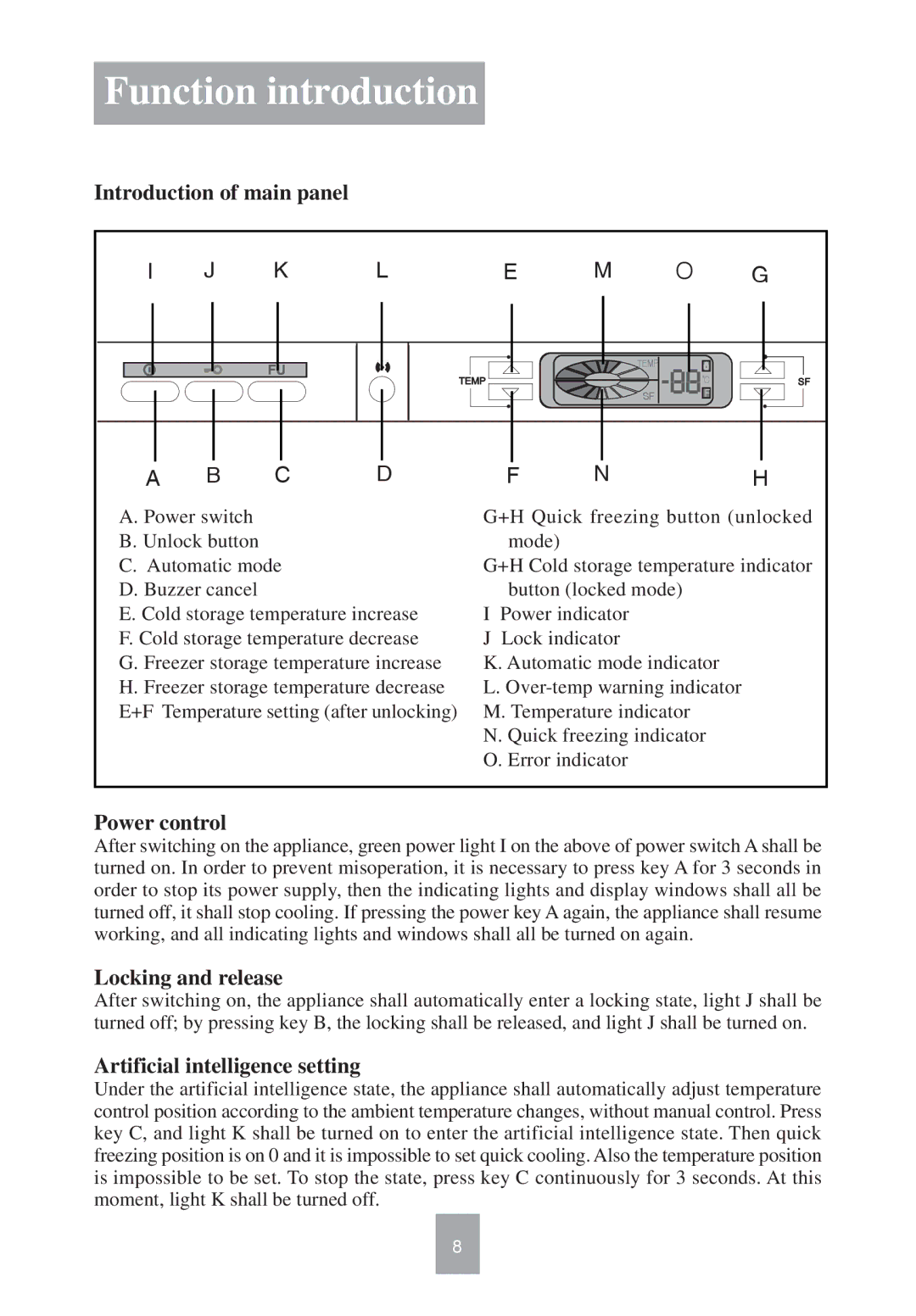 Haier HF-299 manual Function introduction, Introduction of main panel, Power control, Locking and release 