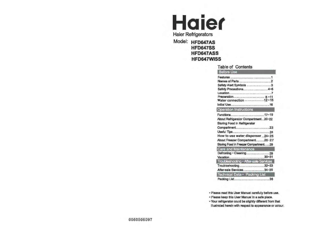 Haier HFD647SS, HFD647ASS, HFD647WISS manual 