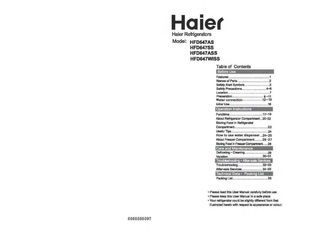 Haier HFD647SS, HFD647ASS, HFD647WISS manual 