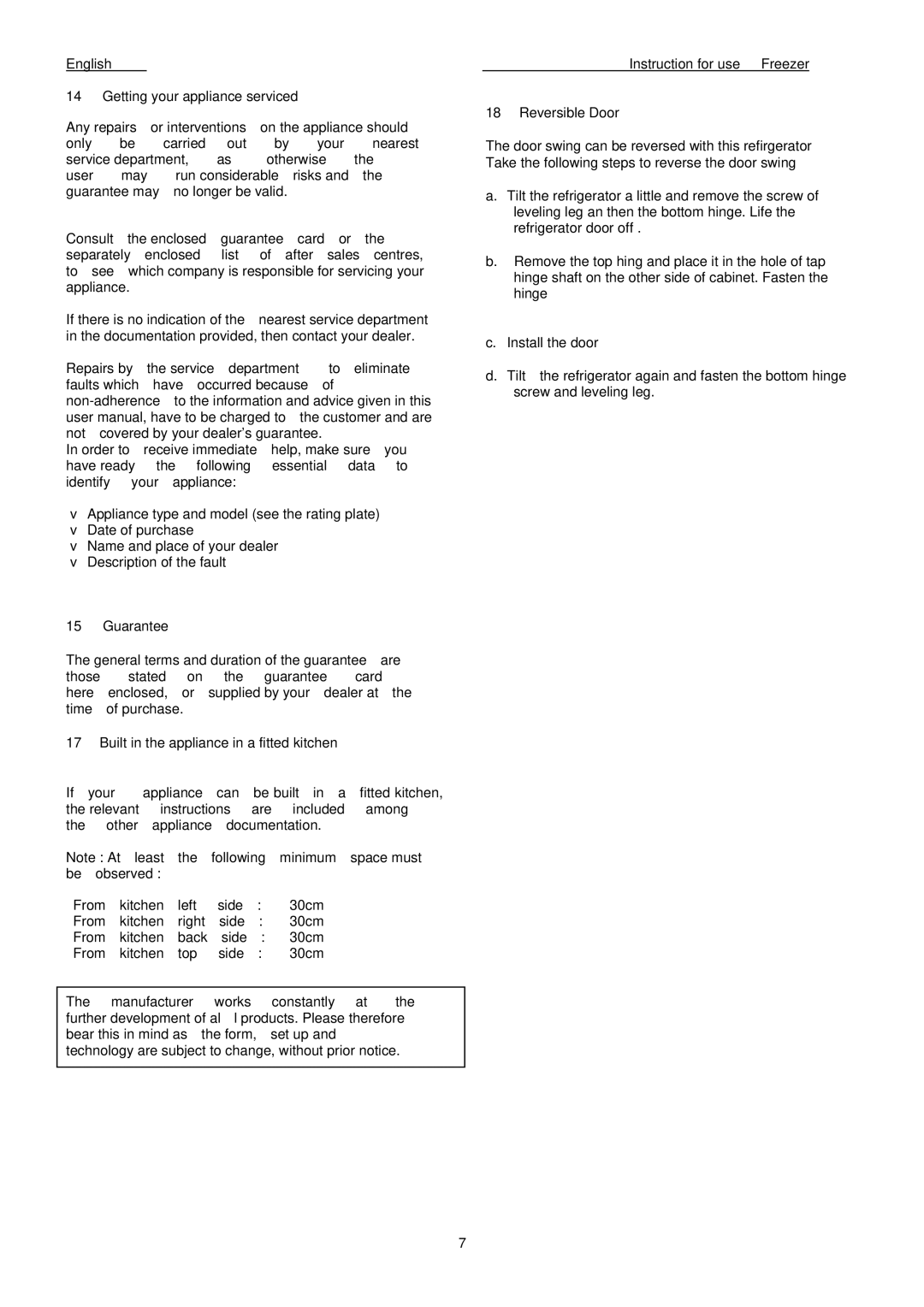 Haier HFH-50 manual Repairs by Service department, Reversible Door 