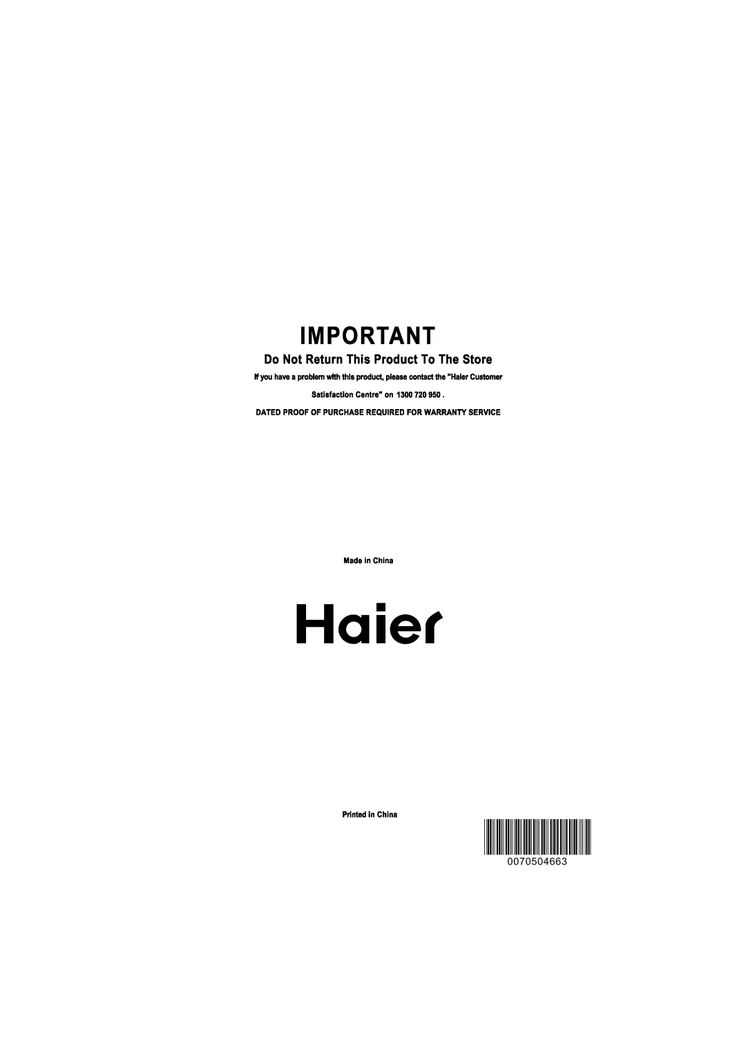 Haier HFM185 manual 0070504663 