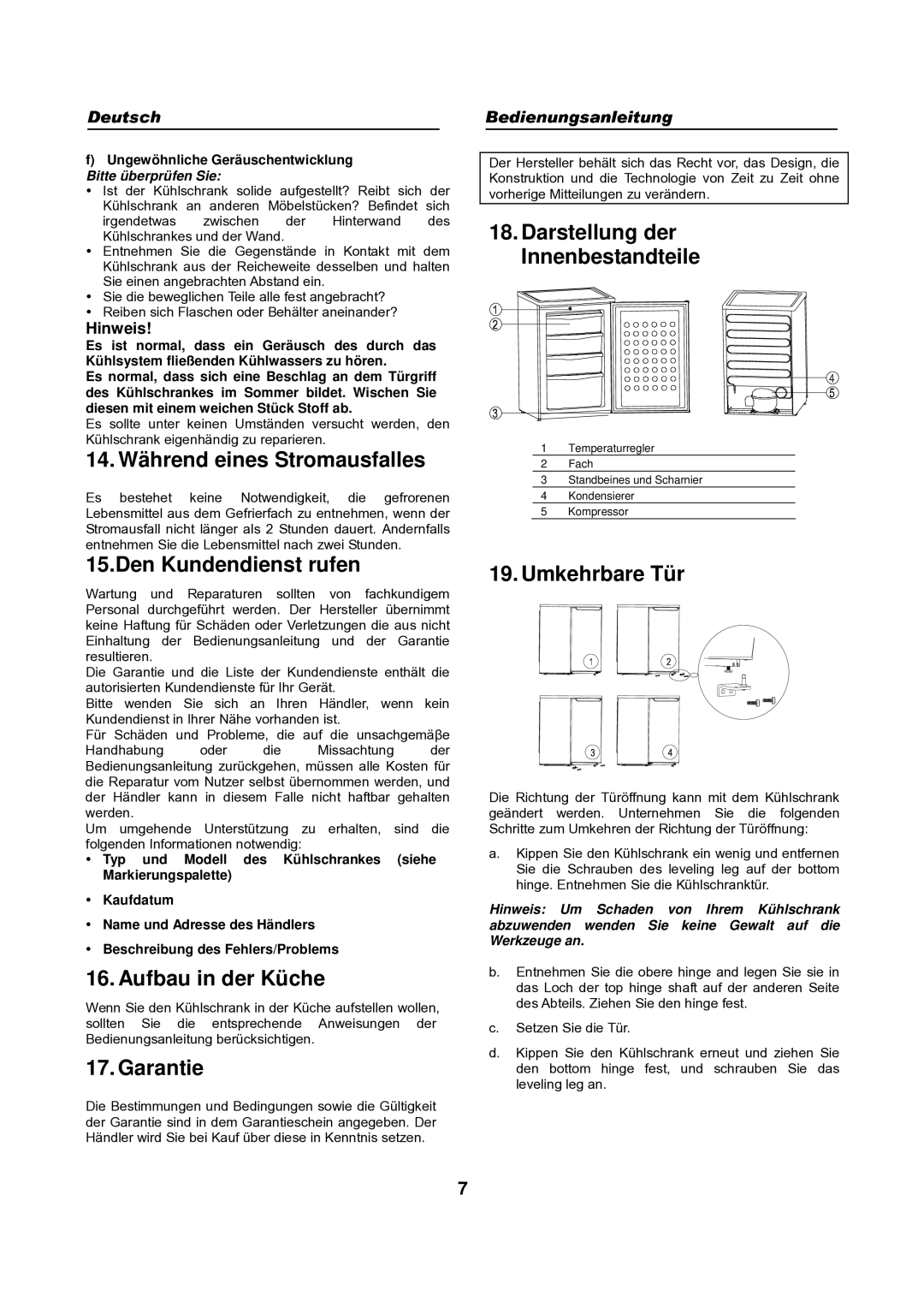 Haier HFN-248 14. Während eines Stromausfalles, Den Kundendienst rufen, Aufbau in der Küche, Garantie, Umkehrbare Tür 