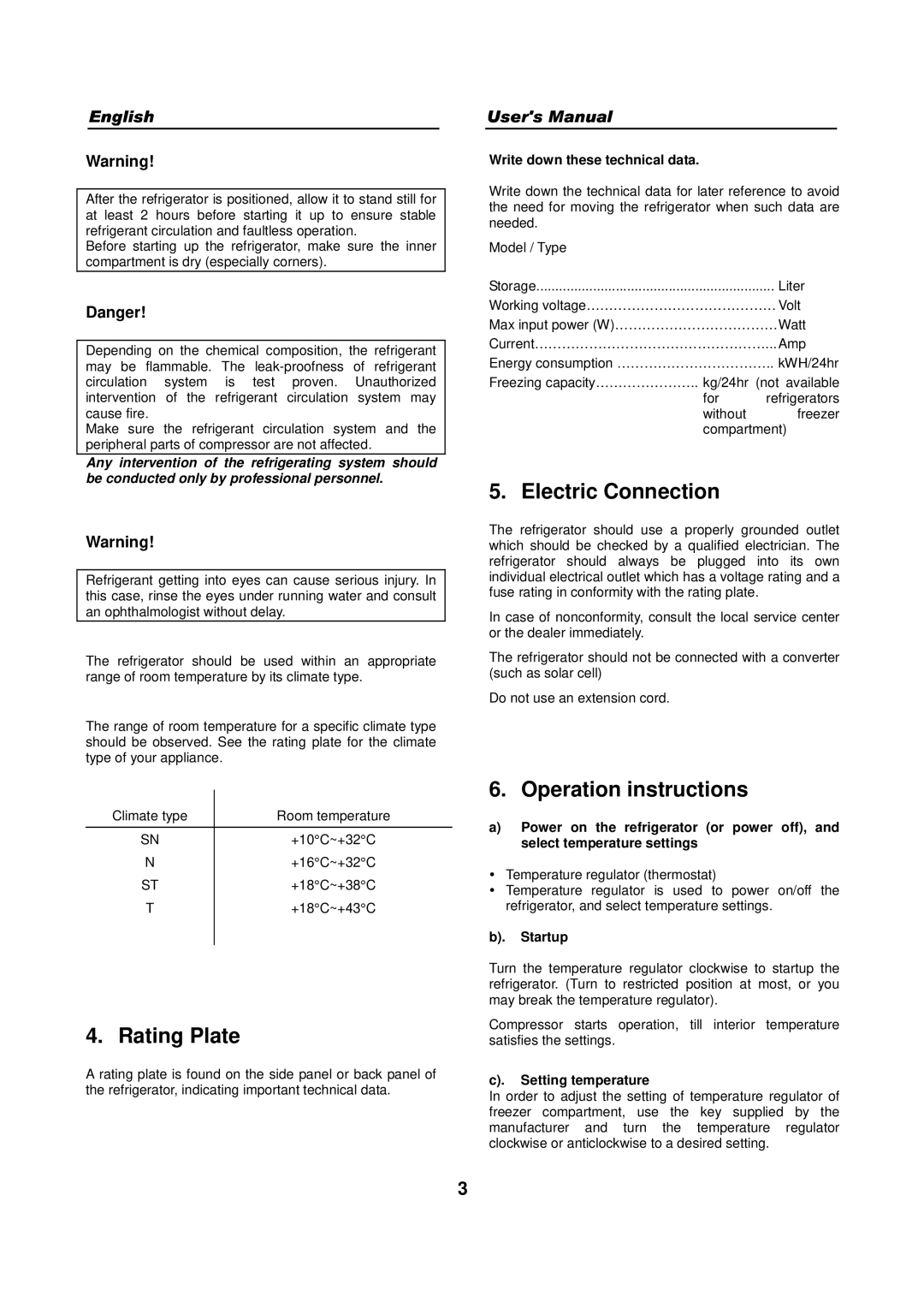 Haier HFN-136, HFN-248 manual Electric Connection, Rating Plate, Operation instructions 