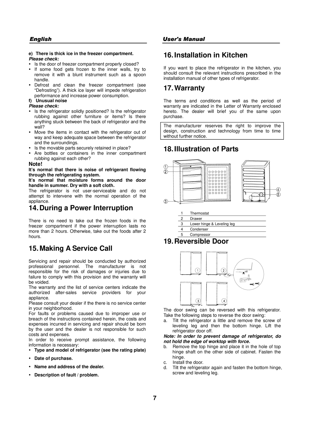 Haier HFN-136 During a Power Interruption, Making a Service Call, Installation in Kitchen, Warranty, Illustration of Parts 