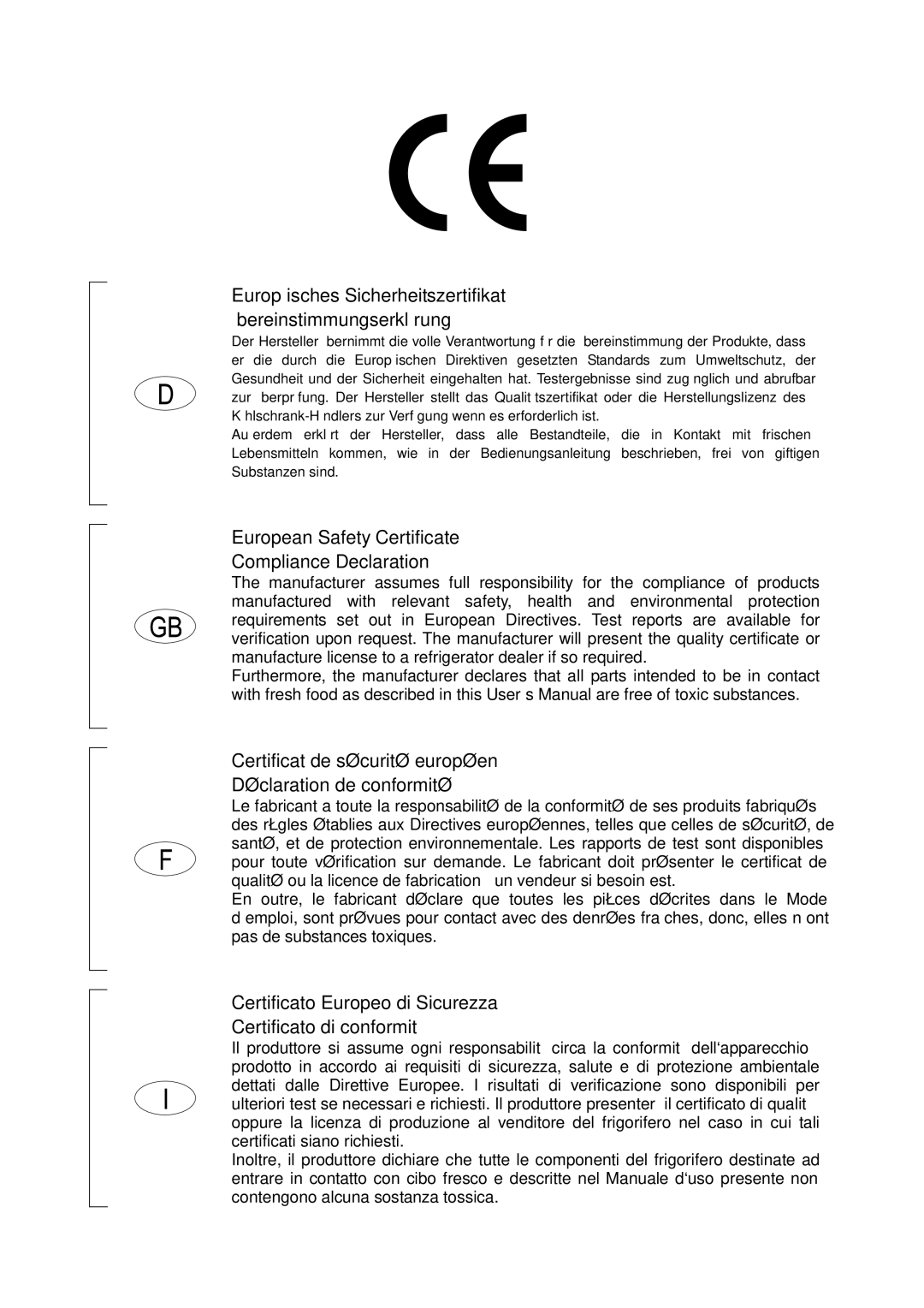 Haier HFN-248, HFN-136 manual European Safety Certificate Compliance Declaration 