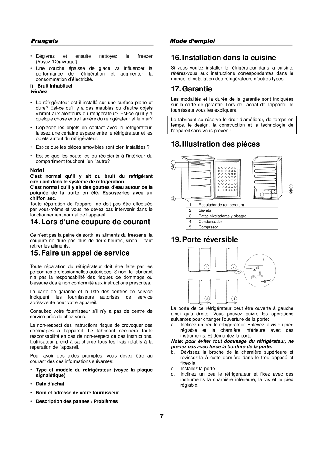 Haier HFN-248 Lors d’une coupure de courant, Faire un appel de service, Installation dans la cuisine, Porte réversible 