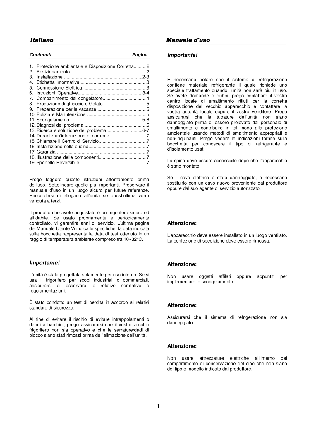 Haier HFN-136, HFN-248 manual Attenzione, Contenuti Pagina 