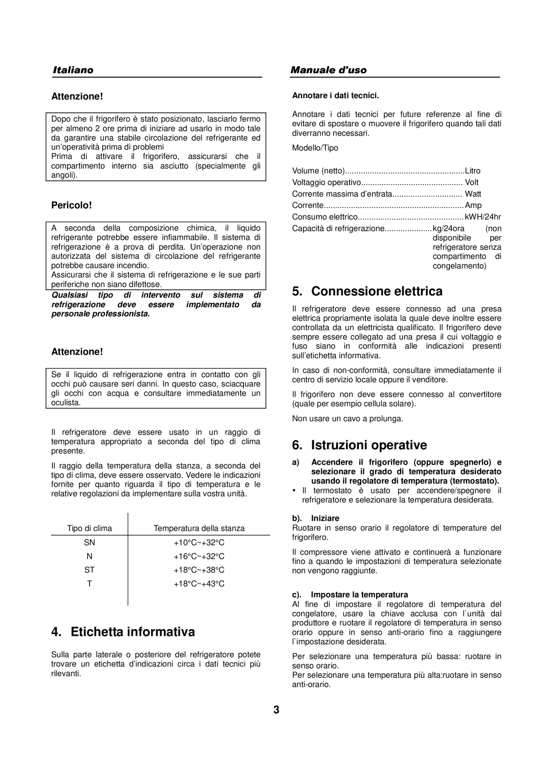 Haier HFN-136, HFN-248 manual Etichetta informativa, Connessione elettrica, Istruzioni operative, Pericolo 