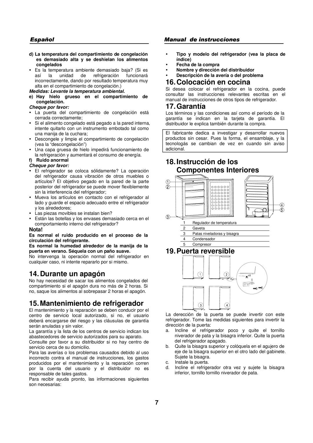 Haier HFN-248, HFN-136 Durante un apagón, Mantenimiento de refrigerador, Colocación en cocina, Garantía, Puerta reversible 