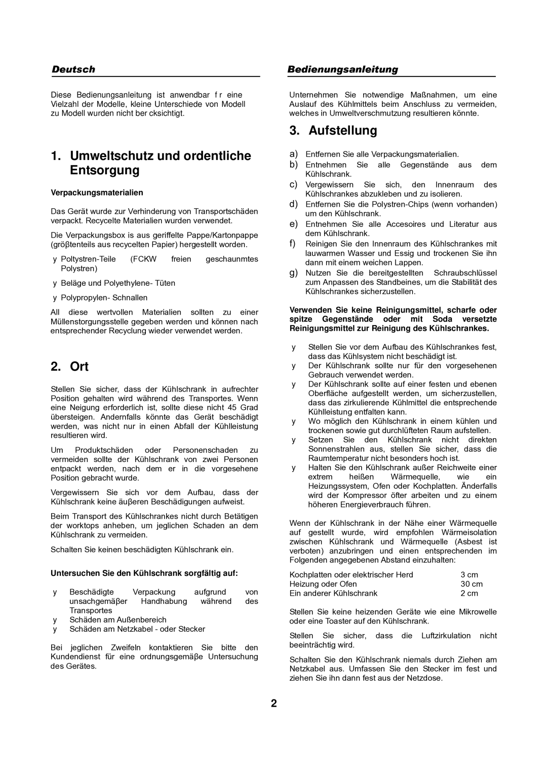 Haier HFN-136, HFN-248 manual Umweltschutz und ordentliche Entsorgung, Ort, Aufstellung, Verpackungsmaterialien 