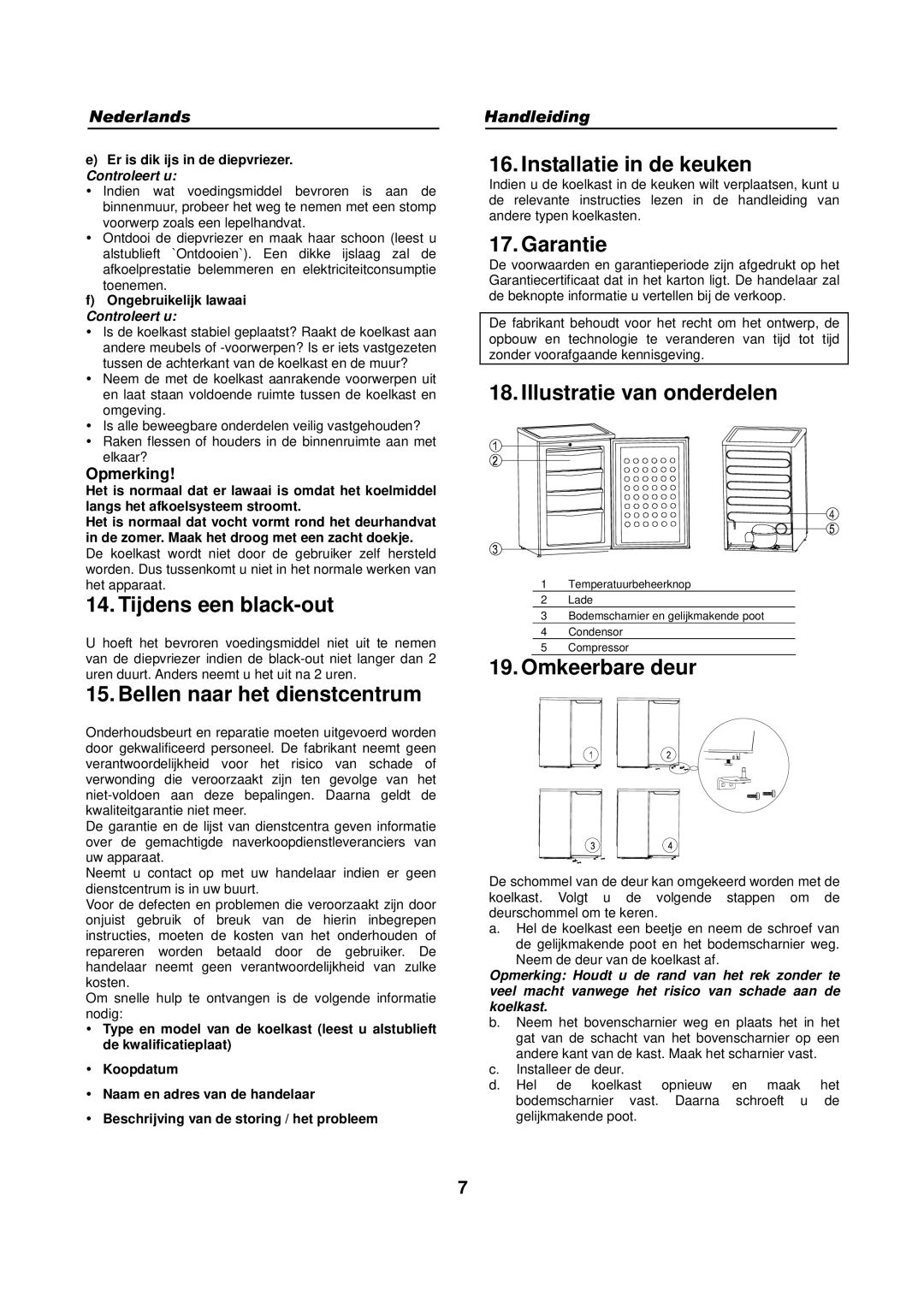 Haier HFN-248 Tijdens een black-out, Bellen naar het dienstcentrum, Installatie in de keuken, Illustratie van onderdelen 