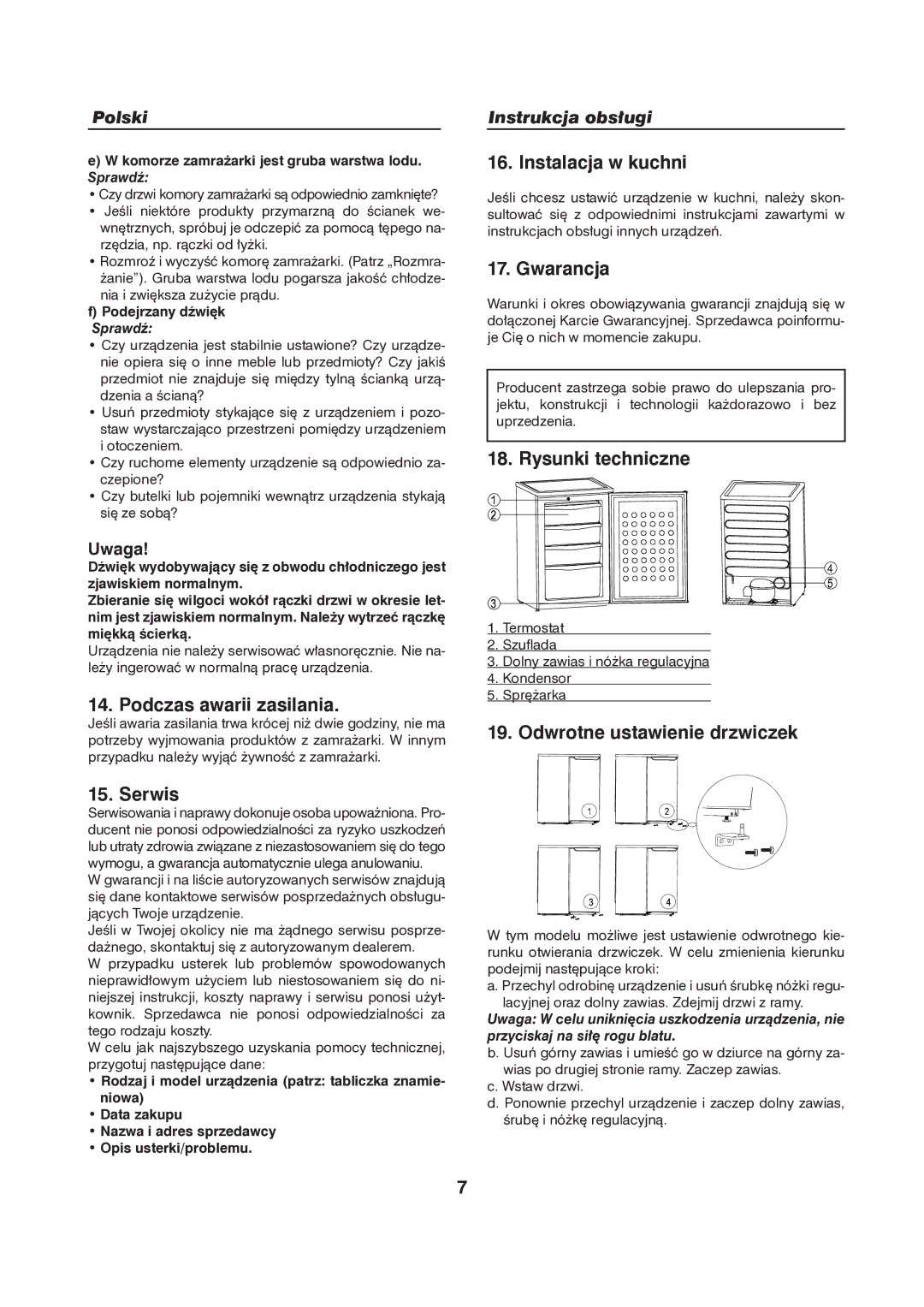 Haier HFN-136, HFN-248 manual Podczas awarii zasilania, Serwis, Instalacja w kuchni, Gwarancja, Rysunki techniczne 