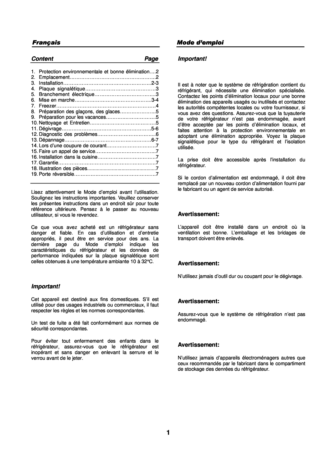 Haier HFN-248, HFN-136 manual Content, Page, Avertissement 
