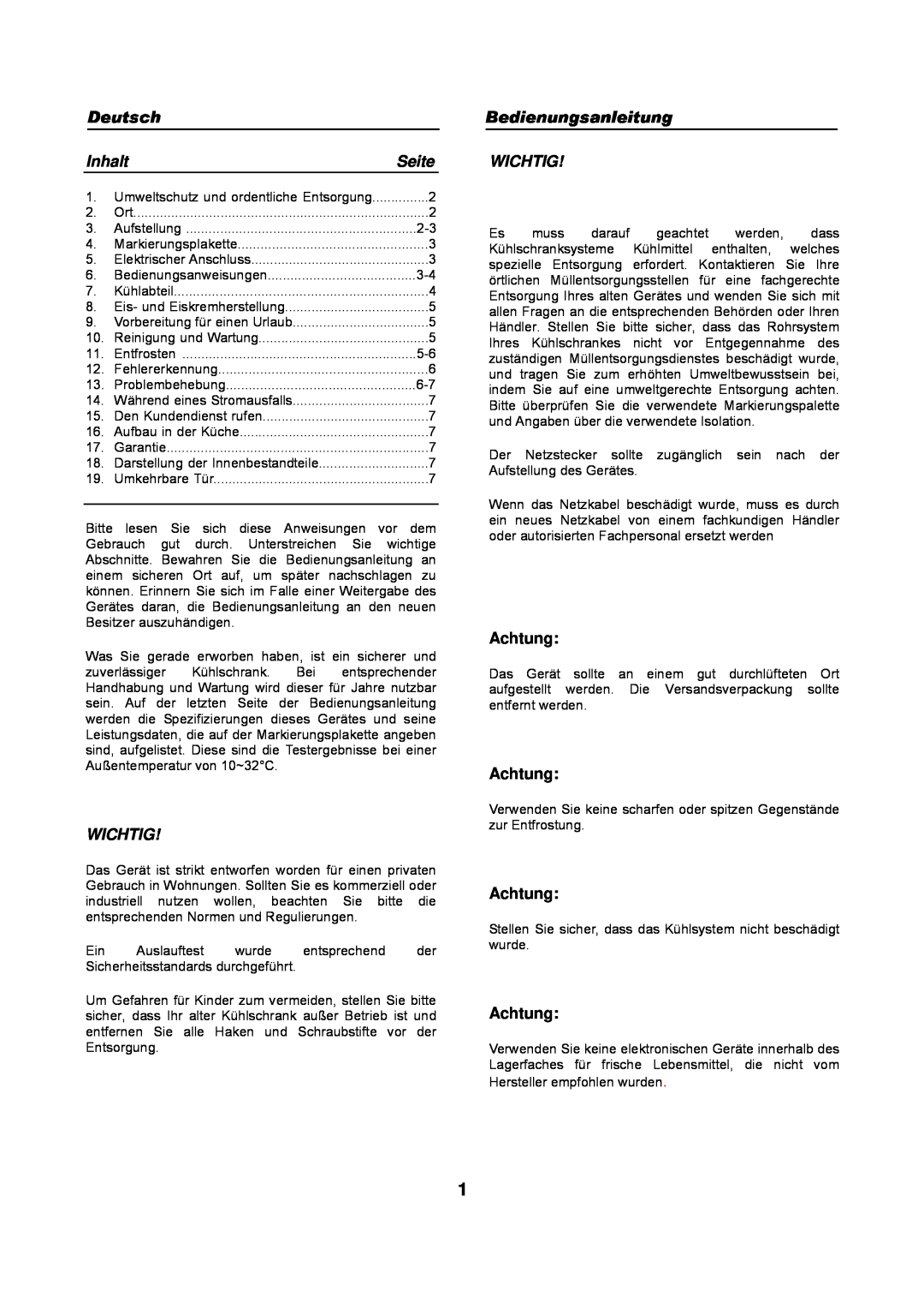 Haier HFN-248, HFN-136 manual Inhalt, Seite, Wichtig, Achtung 