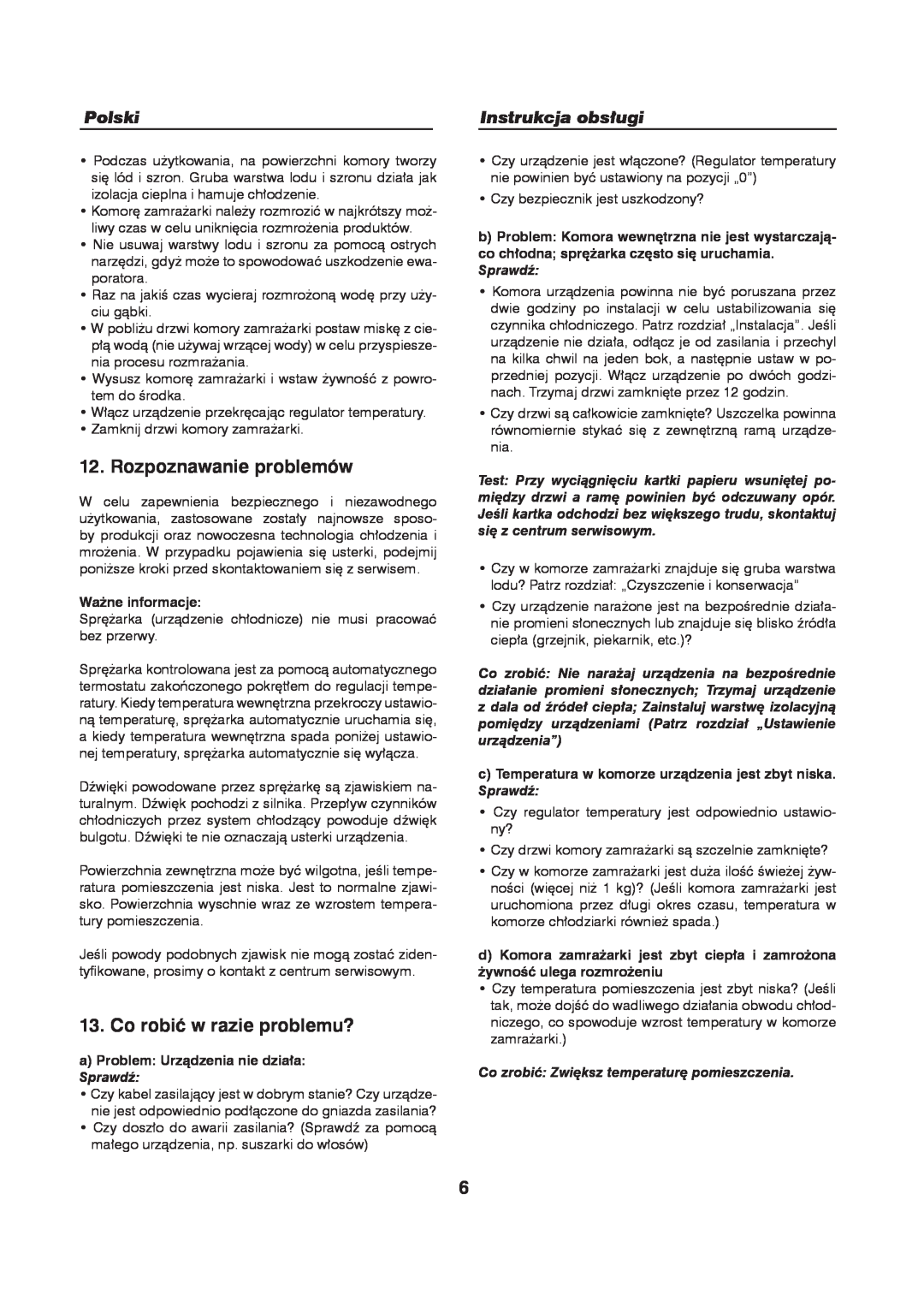 Haier HFN-248, HFN-136 manual Rozpoznawanie problemów, Co robić w razie problemu?, Polski, Instrukcja obsługi 