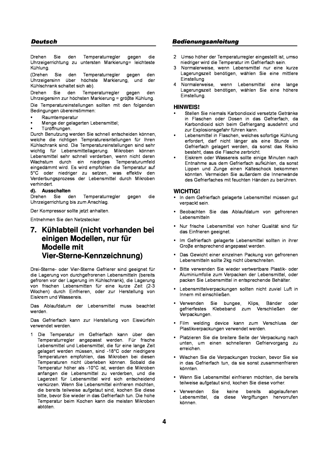 Haier HFN-136, HFN-248 manual Hinweis, Wichtig, d. Ausschalten 