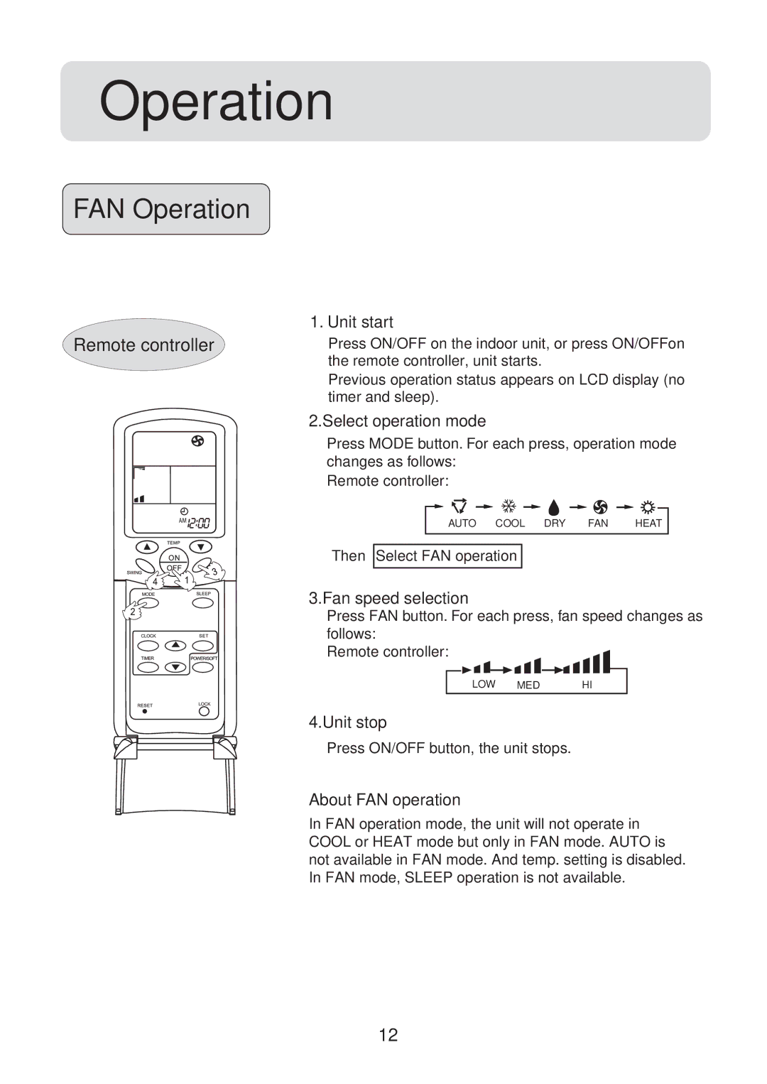 Haier HFU-12HA03(B)/R1, HFU-09H03/R2(DB), HFU-18H03/R2(DB) FAN Operation, About FAN operation, Then Select FAN operation 