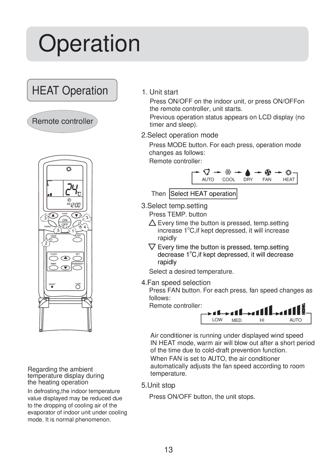 Haier HFU-18H03/R2(DB), HFU-09H03/R2(DB), HFU-12HA03(B)/R1, HFU-09HA03(B)/R1 Heat Operation, Then Select Heat operation 