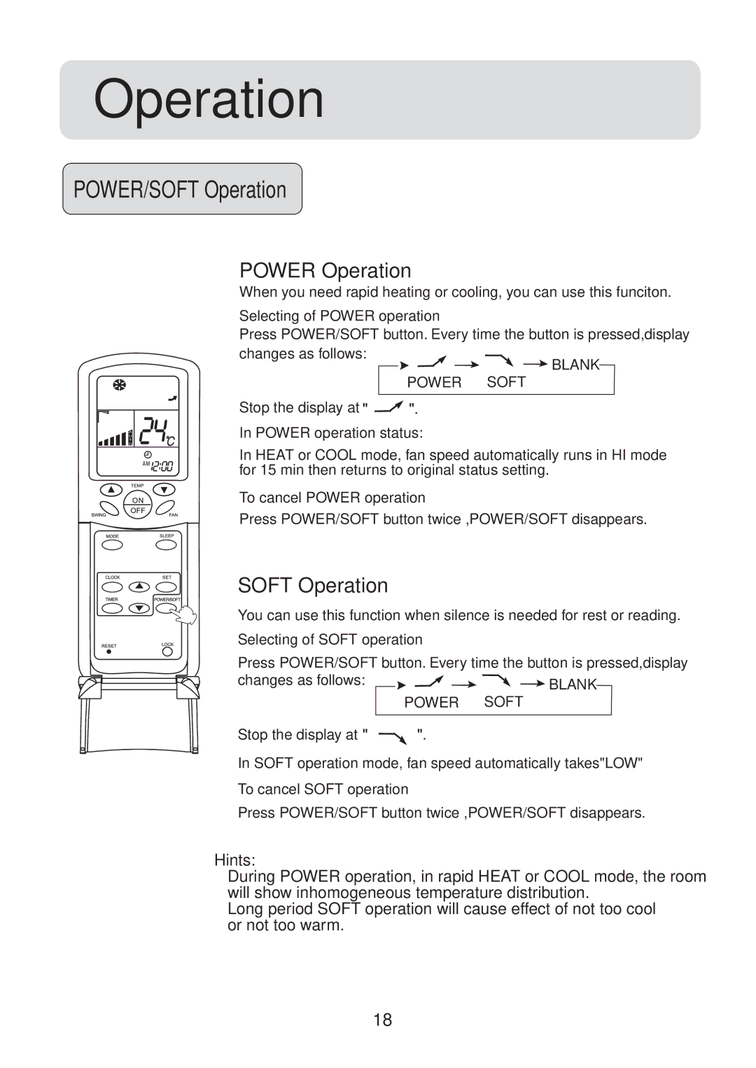 Haier HFU-12HA03(B)/R1, HFU-09H03/R2(DB), HFU-18H03/R2(DB), HFU-09HA03(B)/R1, 0010557172 Power Operation, Soft Operation 