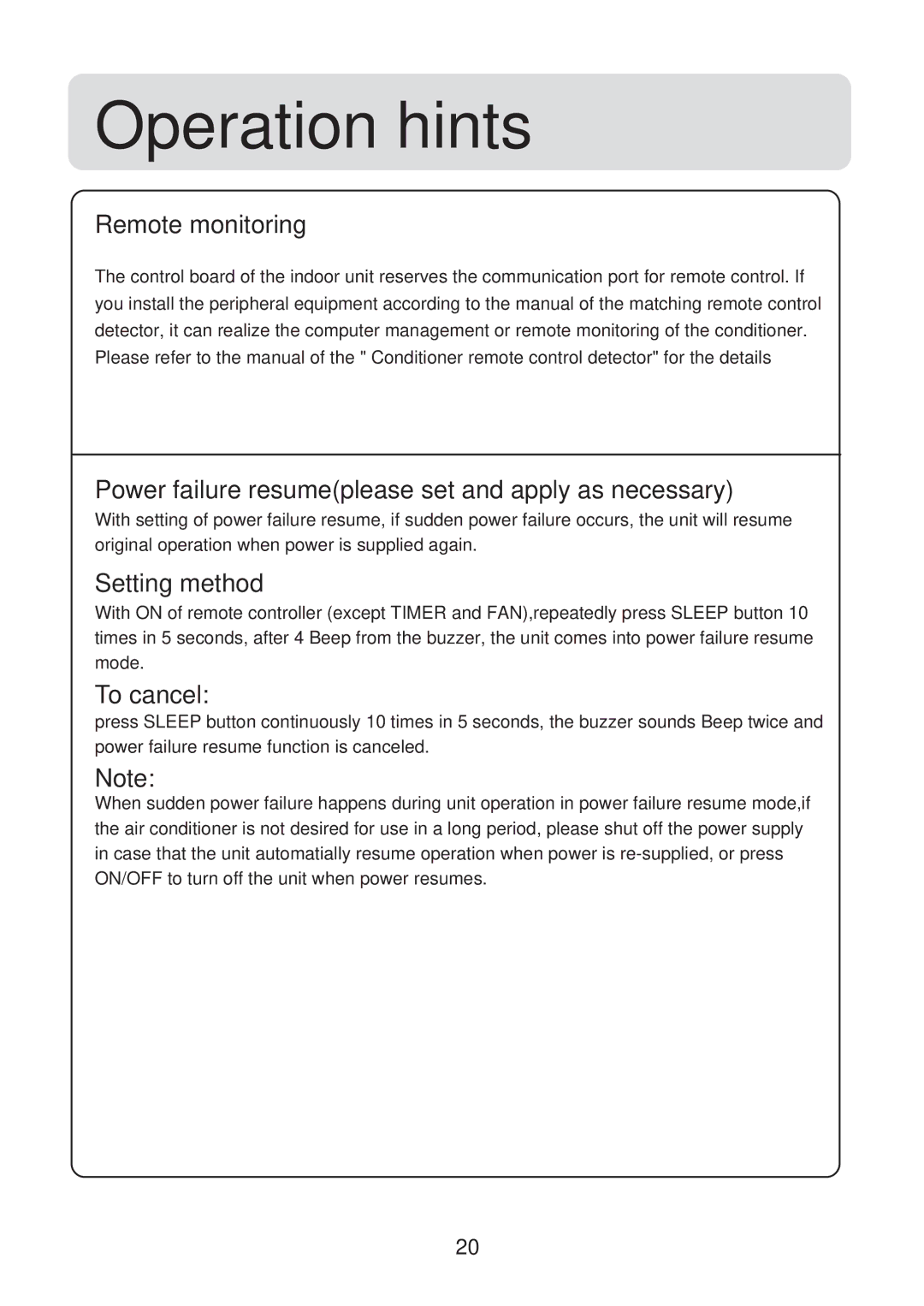 Haier HFU-09HA03(B)/R1 Operation hints, Remote monitoring, Power failure resumeplease set and apply as necessary 