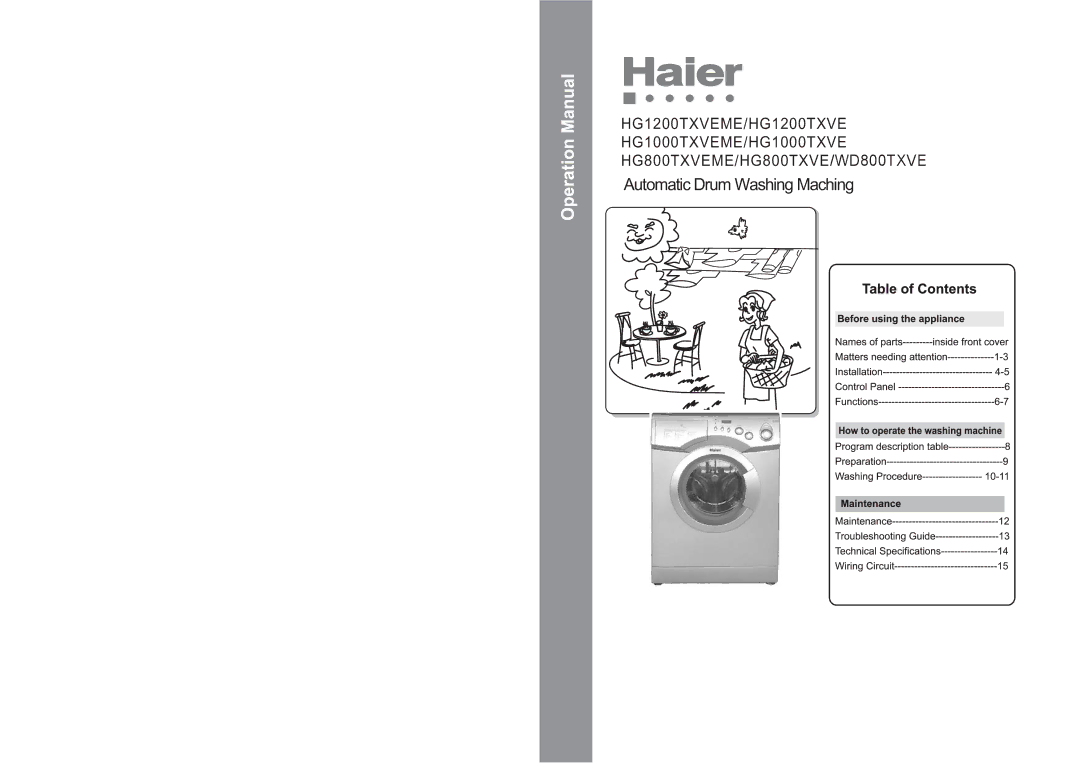 Haier HG1000TXVEME, HG1200TXVEME, HG800TXVEME, WD800TXVE manual Automatic Drum Washing Maching 