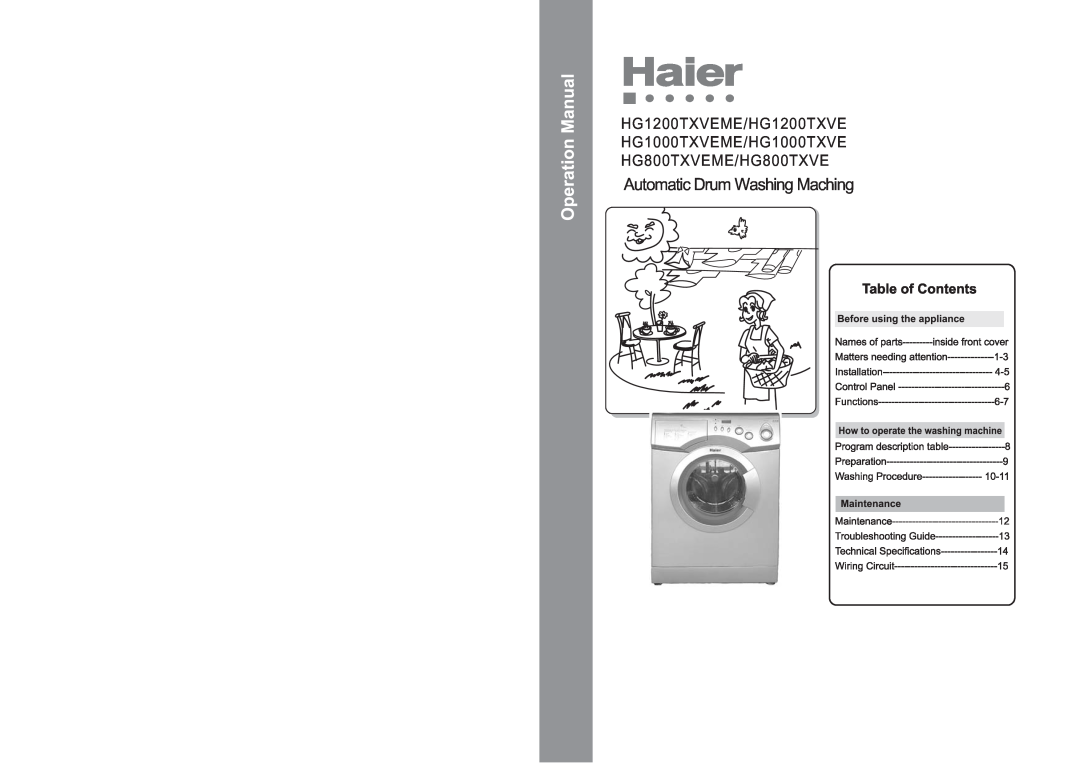 Haier HG1000TXVEME, HG800TXVEME, WD800TXVE manual Automatic Drum Washing Maching, HG1200TXVEME/HG1200TXVE 