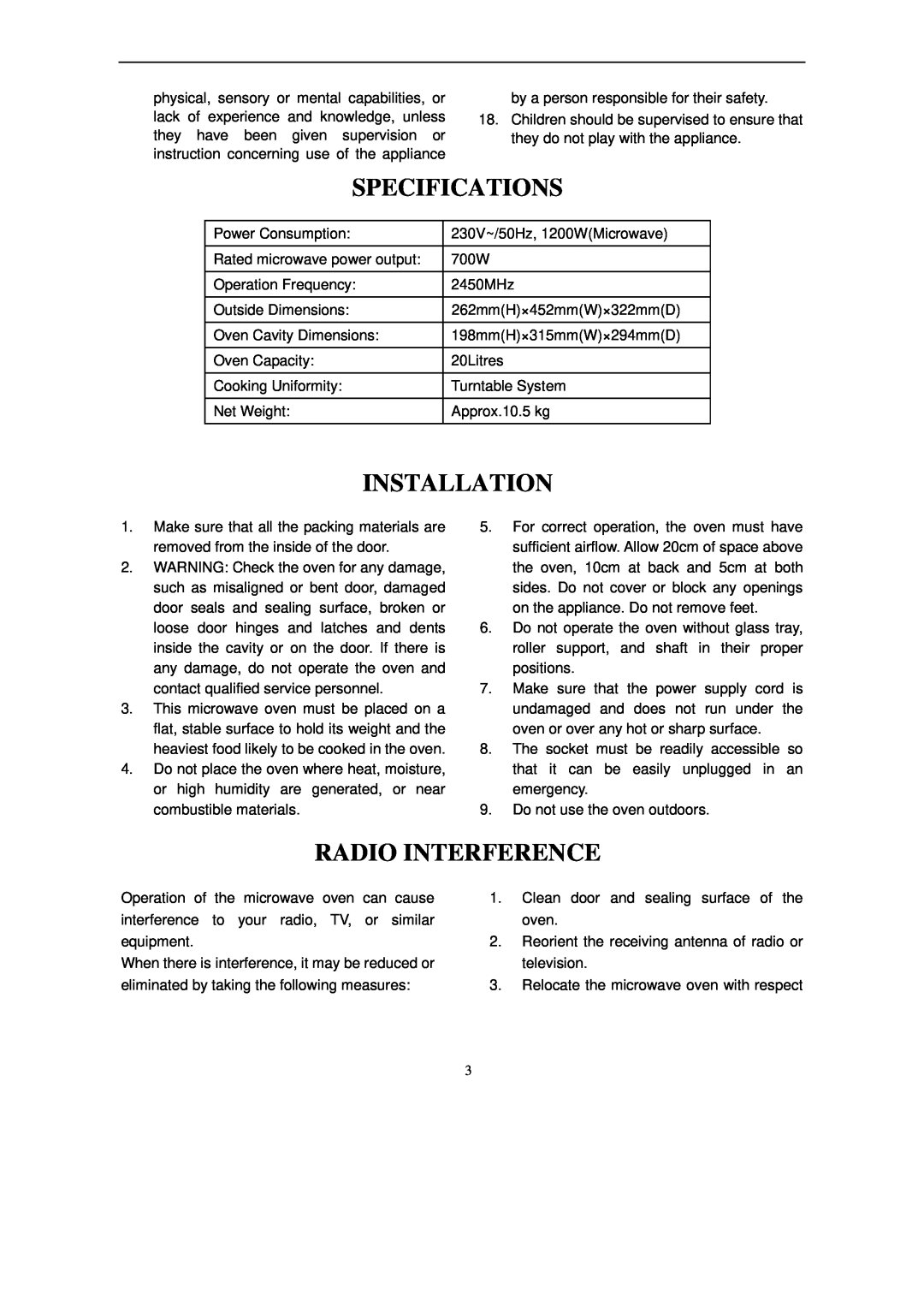Haier HGN-2070M owner manual Specifications, Installation, Radio Interference 