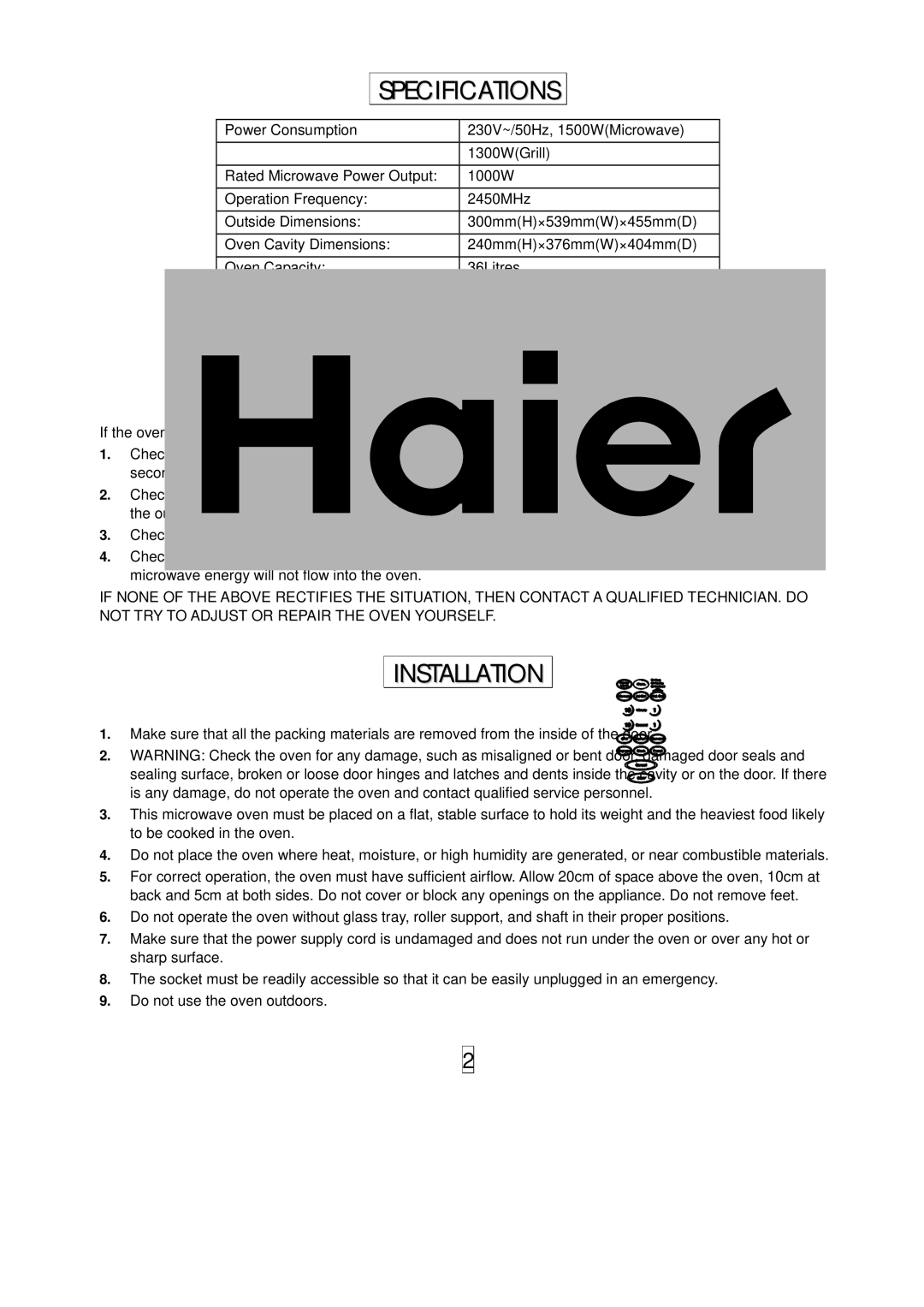 Haier HGN-36100EGS owner manual Specifications, Before YOU Call for Service, Installation 