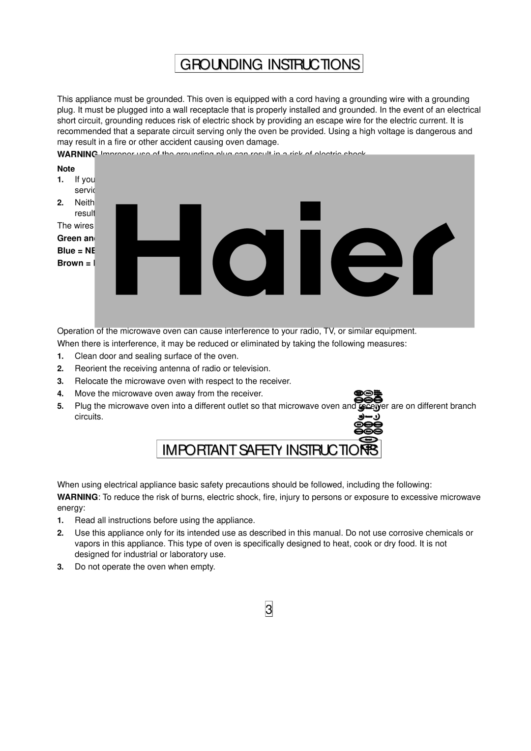 Haier HGN-36100EGS owner manual Grounding Instructions, Radio Interference, Important Safety Instructions 