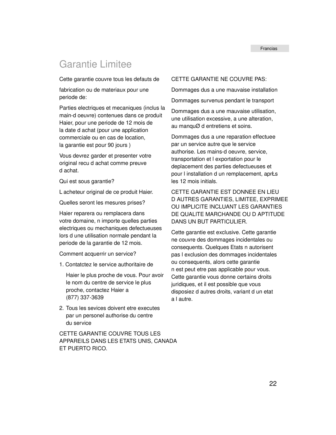 Haier HHX6130 user manual Garantie Limitee, Cette Garantie NE Couvre PAS 