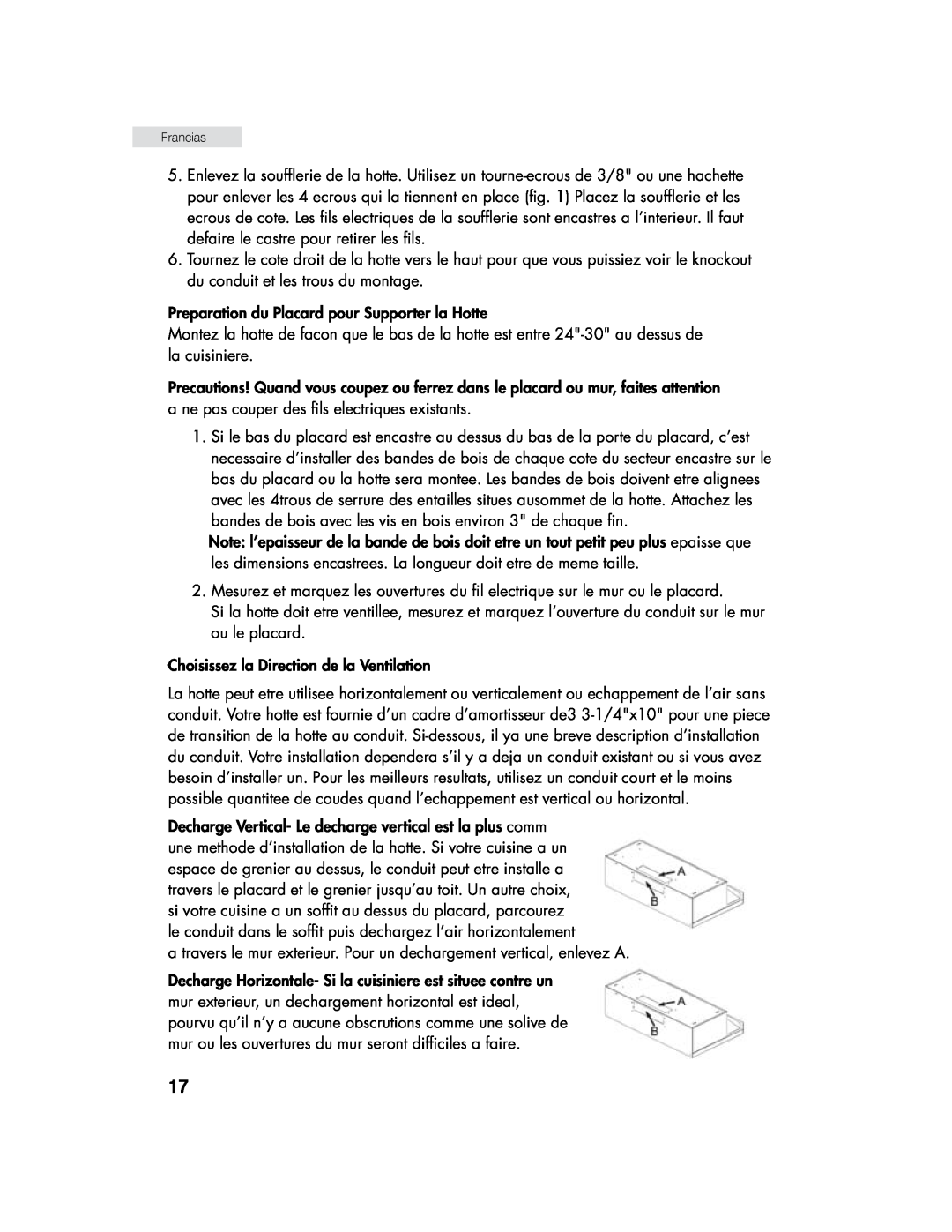 Haier HHX6130 user manual Preparation du Placard pour Supporter la Hotte 
