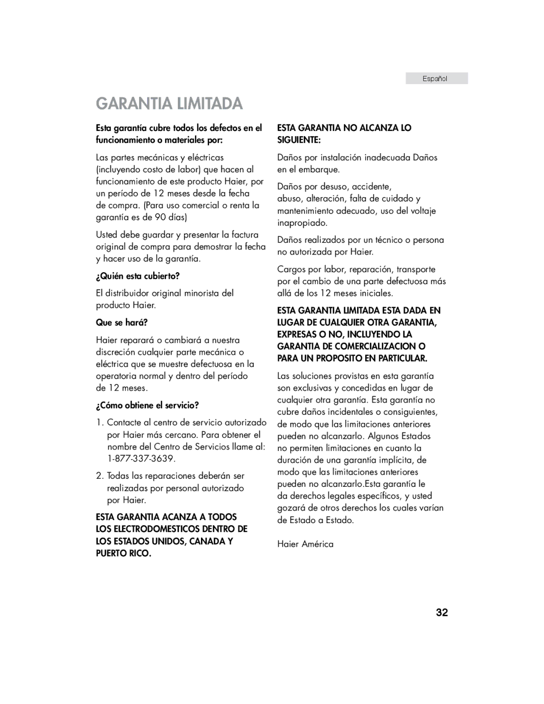 Haier HHX7130 user manual Garantia Limitada 