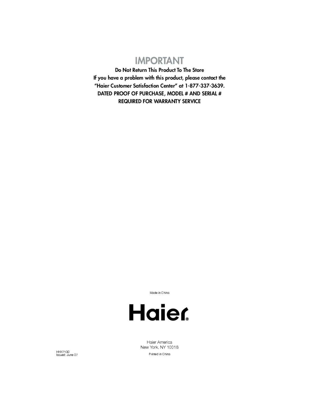 Haier HHX7130 user manual Haier America New York, NY 