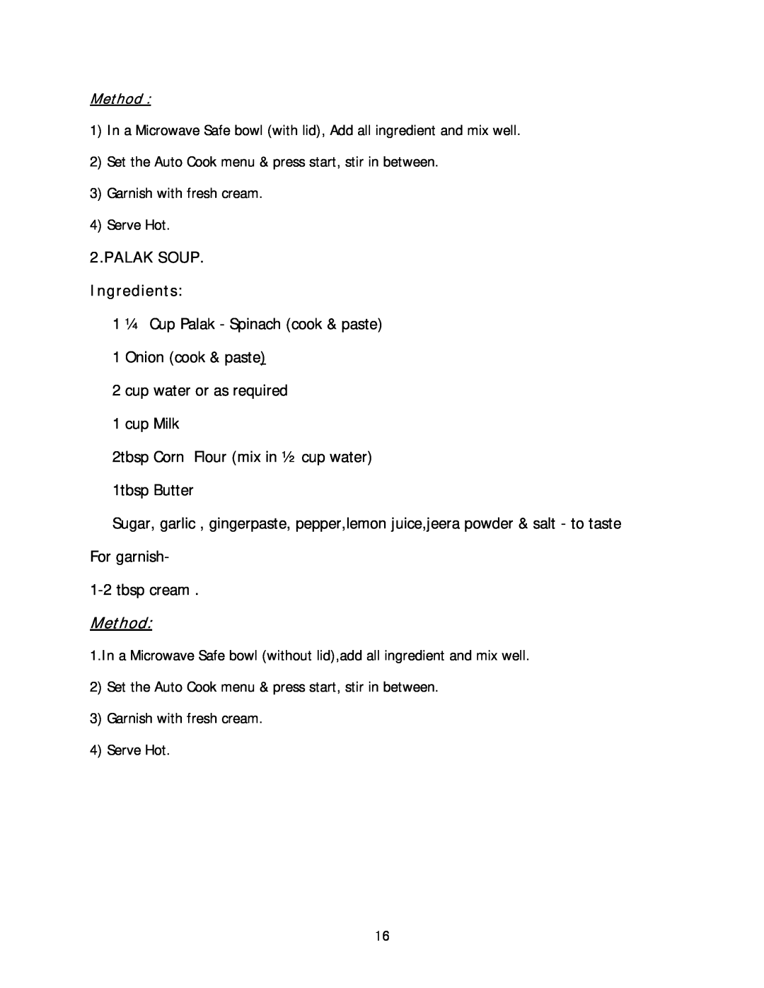 Haier HIL 2810EGCB manual PALAK SOUP Ingredients, Method 