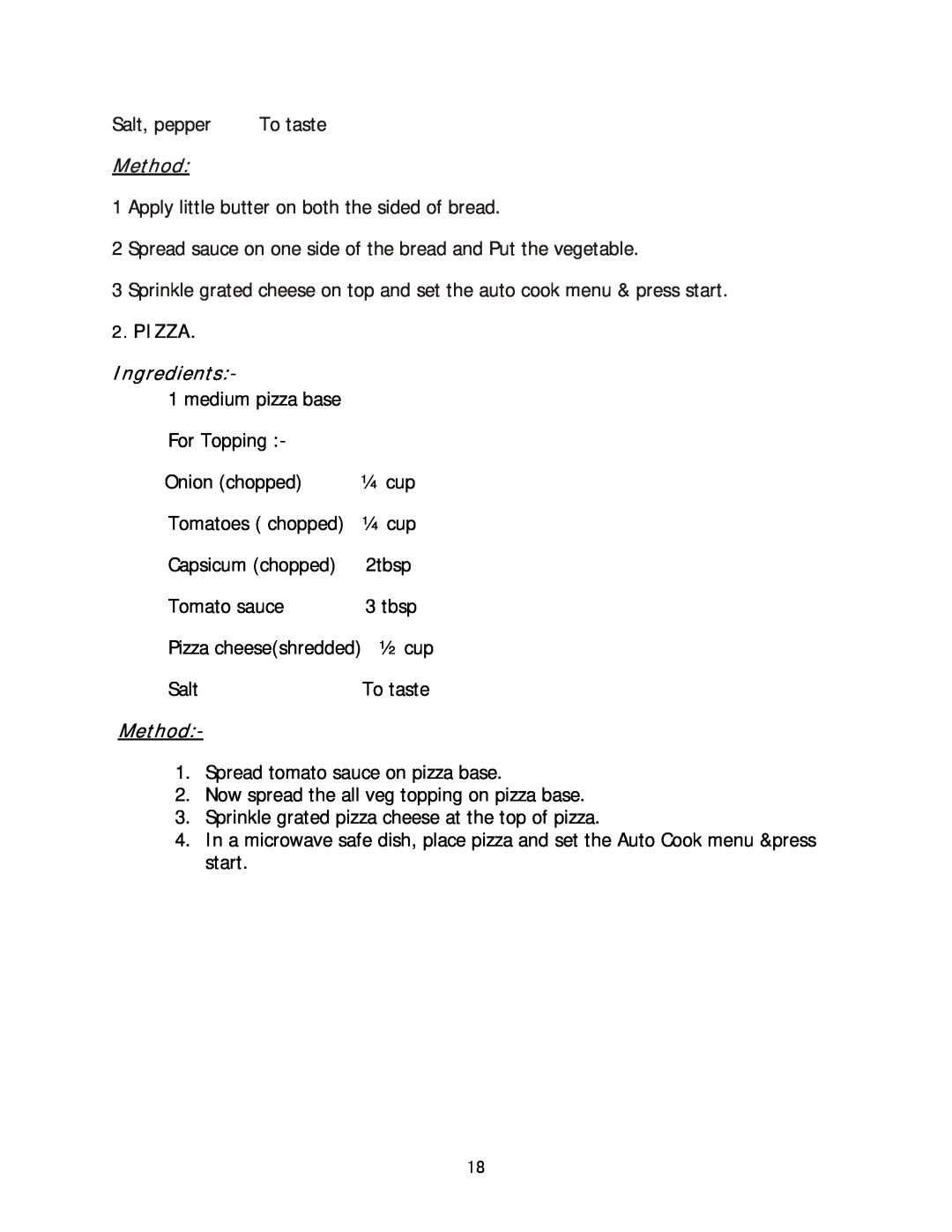 Haier HIL 2810EGCB manual Method, Pizza, Ingredients 
