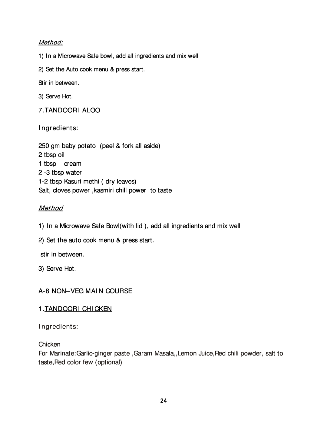 Haier HIL 2810EGCB manual TANDOORI ALOO Ingredients, Method, A-8 NON-VEG MAIN COURSE 1.TANDOORI CHICKEN 