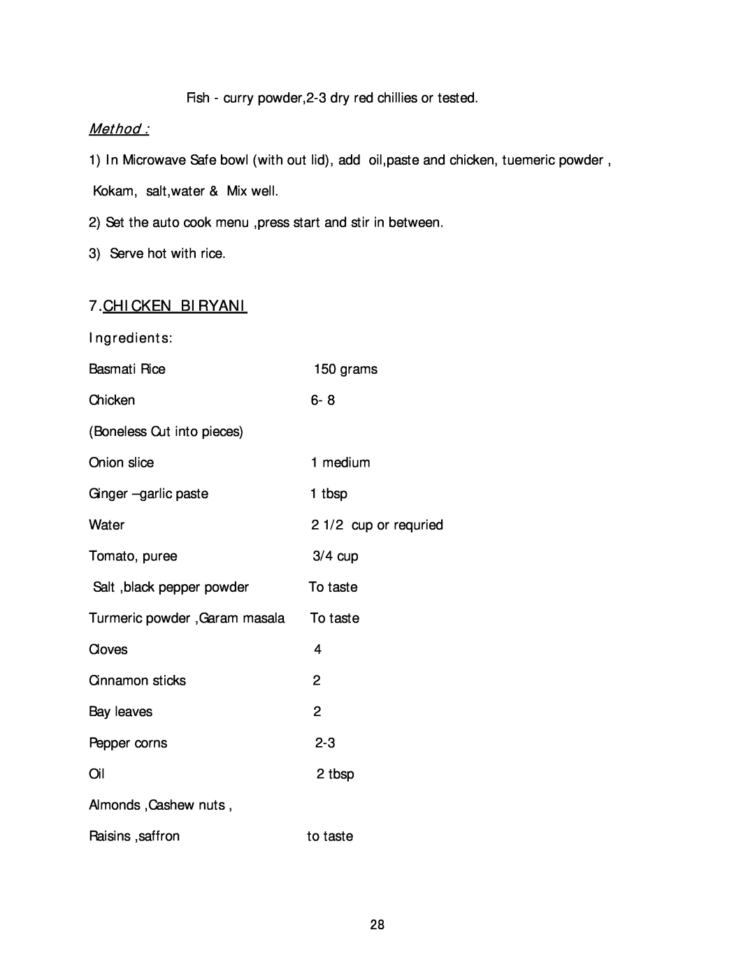 Haier HIL 2810EGCB manual Chicken Biryani, Method, Ingredients 