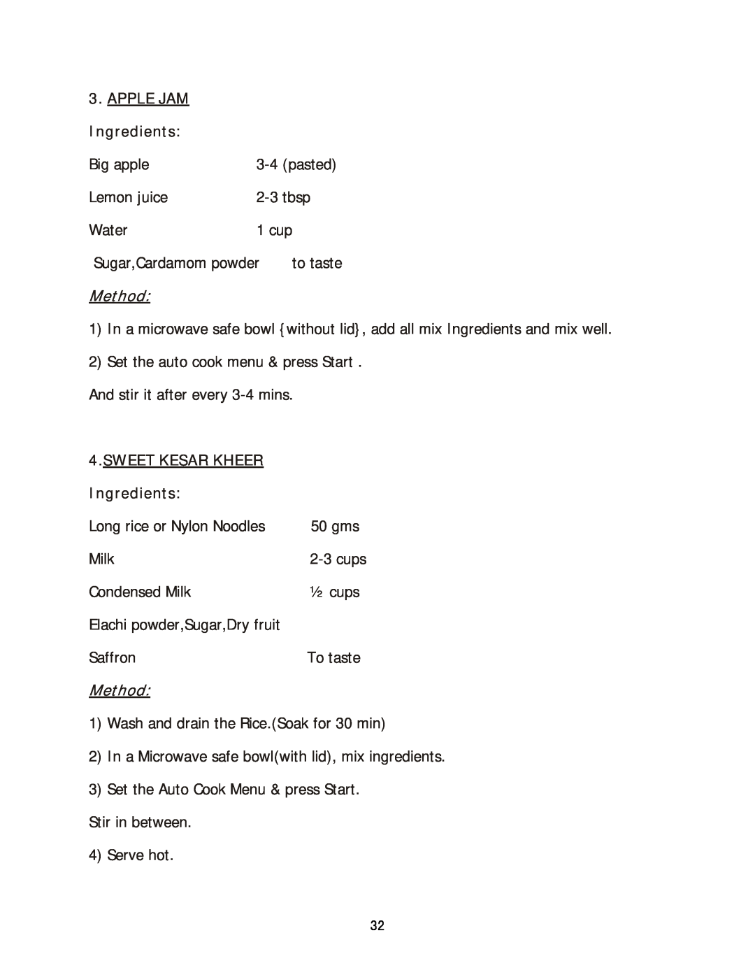 Haier HIL 2810EGCB manual APPLE JAM Ingredients, Method, Sweet Kesar Kheer 