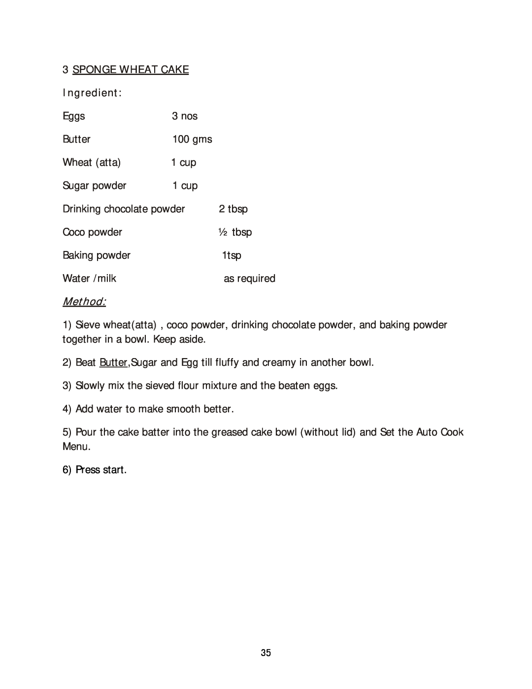 Haier HIL 2810EGCB manual Sponge Wheat Cake, Ingredient, Method, Press start 