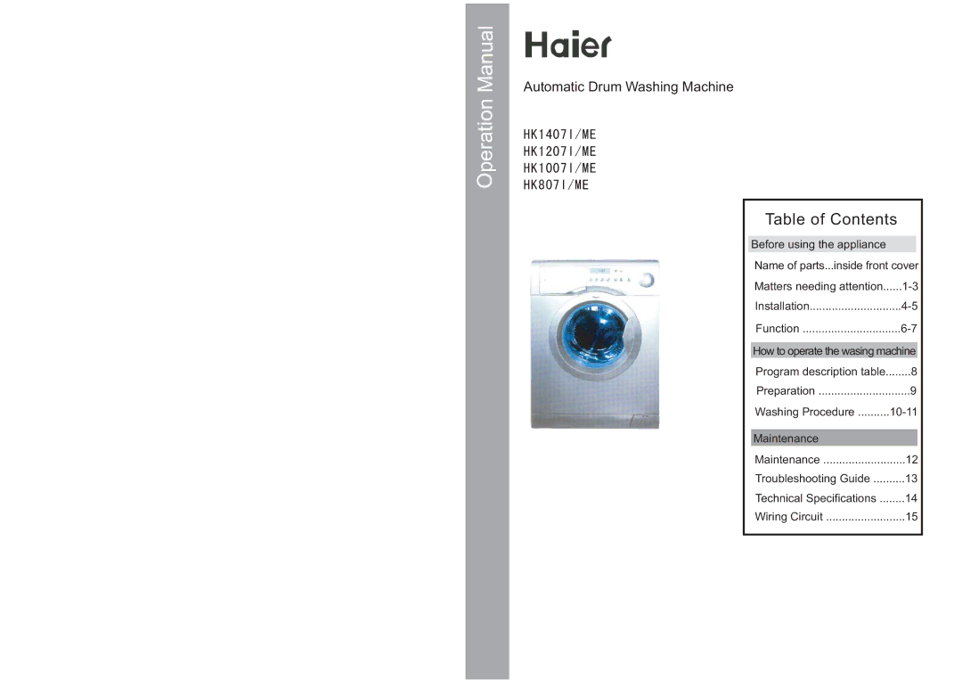 Haier HK1007I/ME, HK807I/ME, HK1207I/ME, HK1407I/ME operation manual Table of Contents 