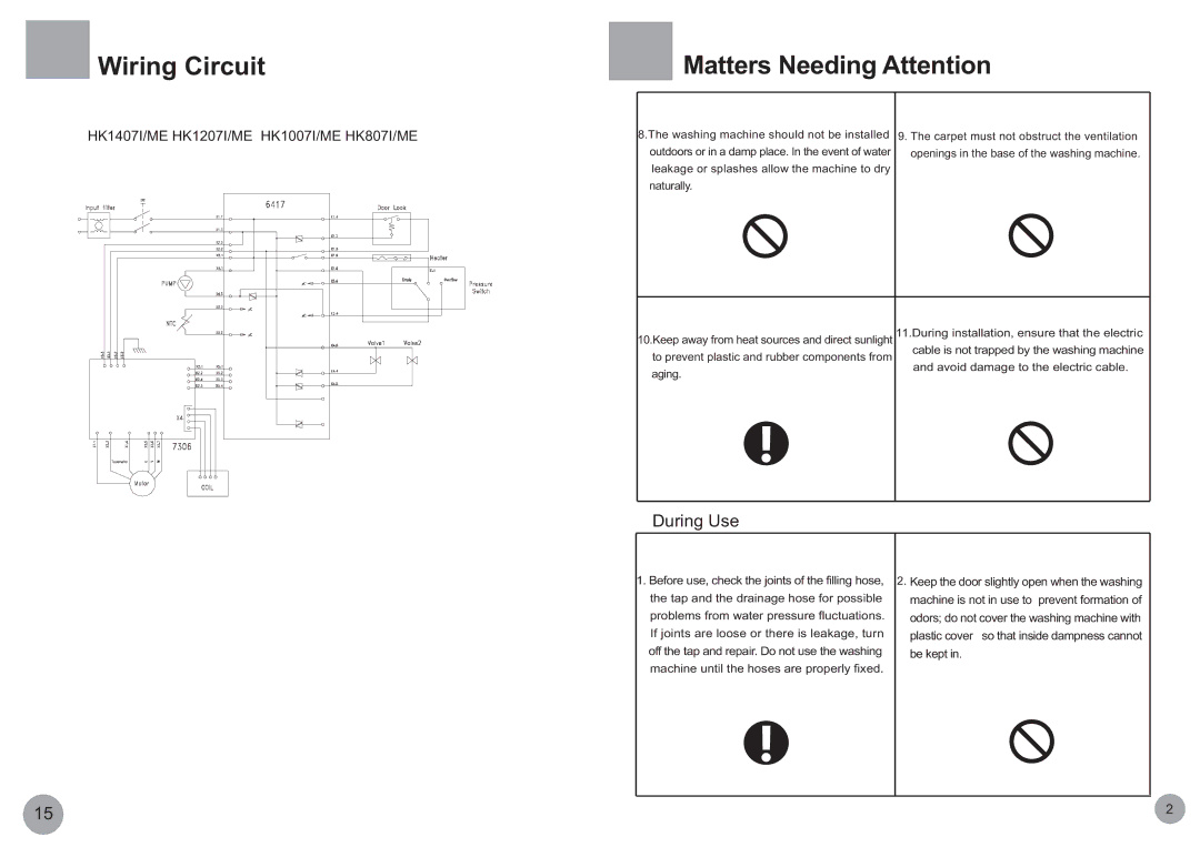 Haier HK807I/ME, HK1007I/ME, HK1207I/ME, HK1407I/ME operation manual Wiring Circuit, Avoid damage to the electric cable 