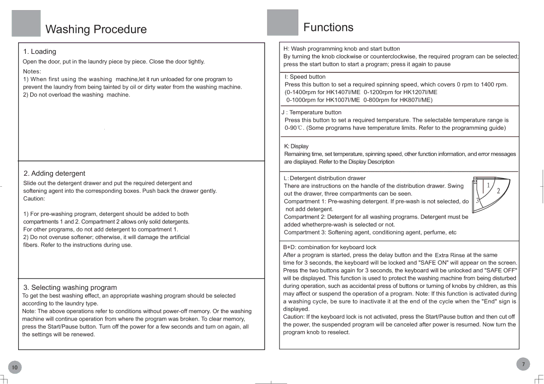 Haier HK1007I/ME, HK807I/ME, HK1207I/ME, HK1407I/ME operation manual Washing Procedure, Do not overload the washing machine 