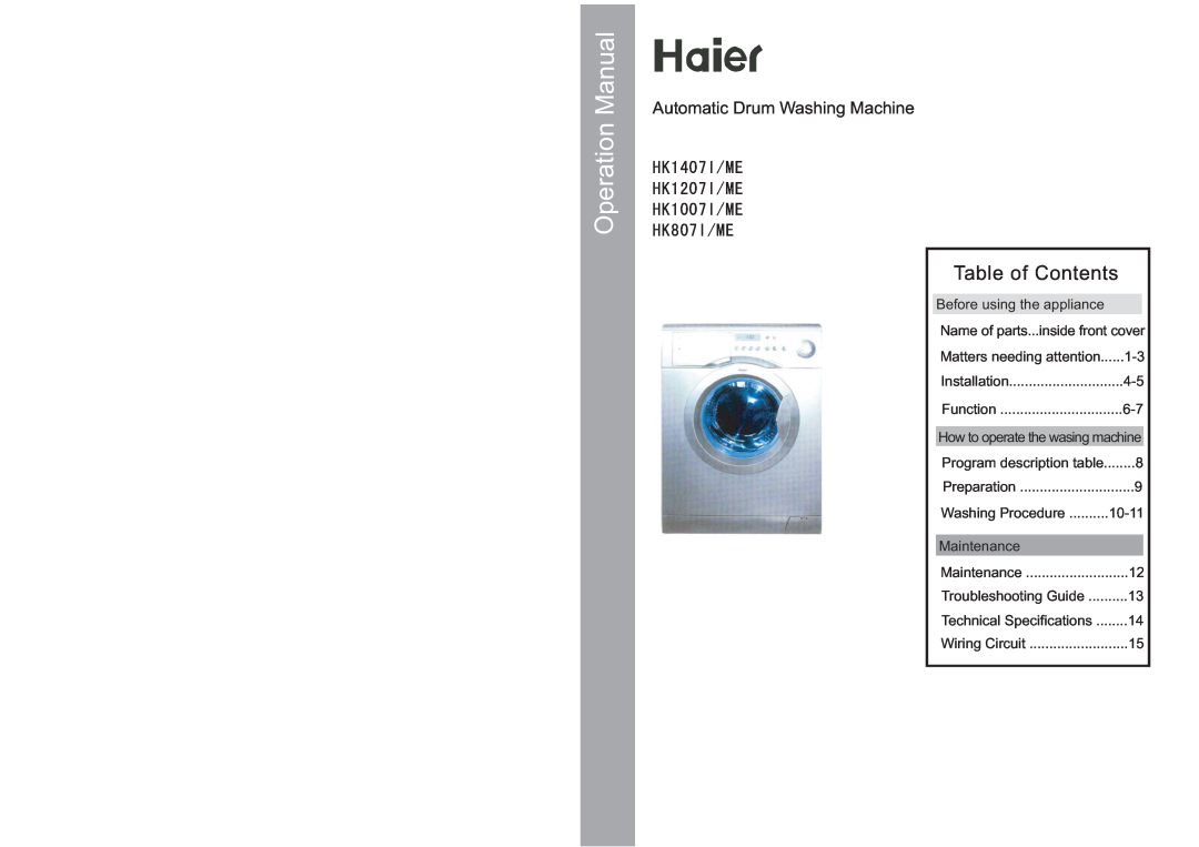 Haier HK1007I/ME, HK807I/ME operation manual Automatic Drum Washing Machine, Operation Manual, Table of Contents 