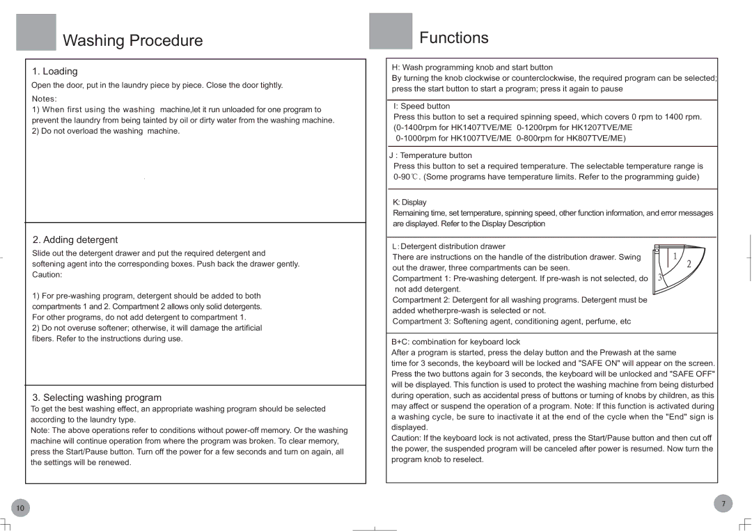 Haier HK807TME, HK807TVE, HK1207TVE, HK1207TME, HK1407TME, HK1407TVE Washing Procedure, Do not overload the washing machine 